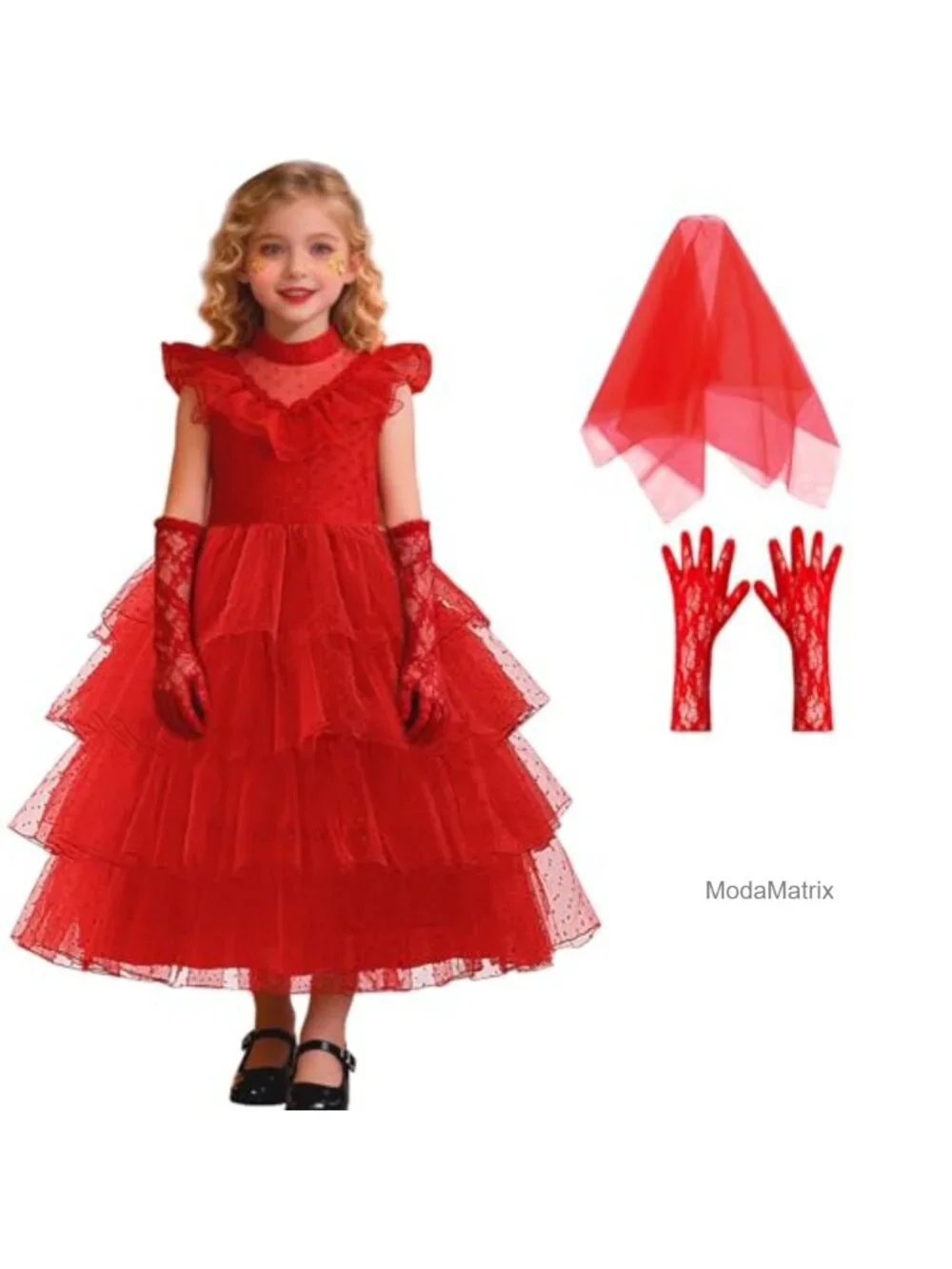 Red Tulle Princess Dress with Veil and Gloves, Stand Collar Maxi Halloween